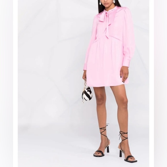 Self-Portrait Dresses & Skirts - Self-Portrait Satin Viscose Puff-Sleeve Bow-Neck Mini Dress Bubblegum Pink Sz 8